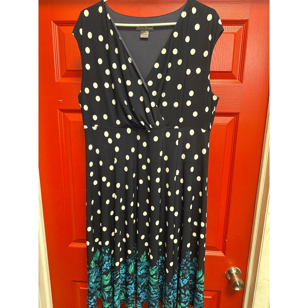 Jessica Howard Navy Blue Polka Dot Floral Border Midi Dress Plus Size 16W